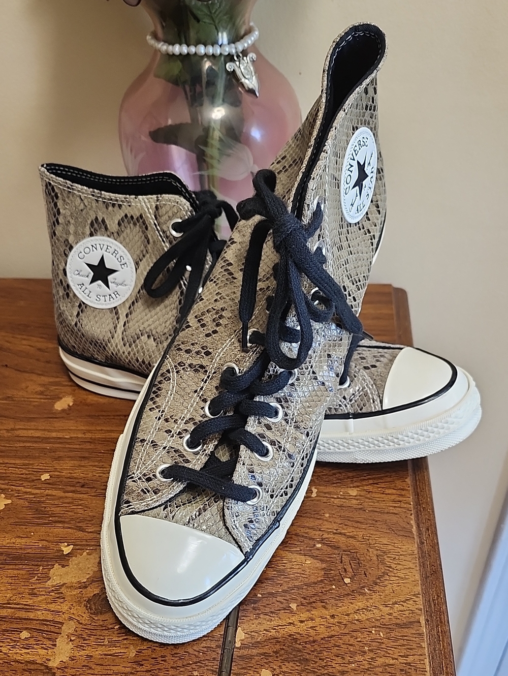 Converse All Star High-Top Sneakers in Beige Snake Print with Black Laces